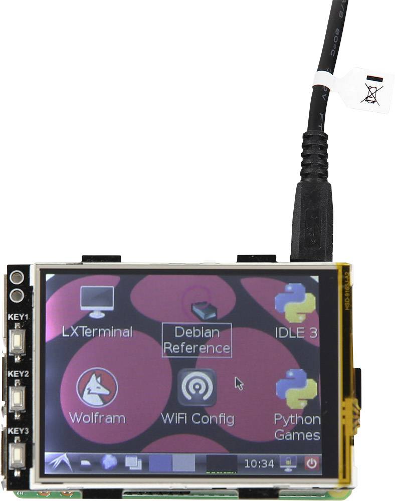 A small screen displays icons for LXTerminal, Debian Reference, IDLE 3, Wolfram, WiFi Config and Python Games, connected with a cable.