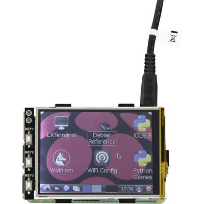 A small screen displays icons for LXTerminal, Debian Reference, IDLE 3, Wolfram, WiFi Config and Python Games, connected with a cable.