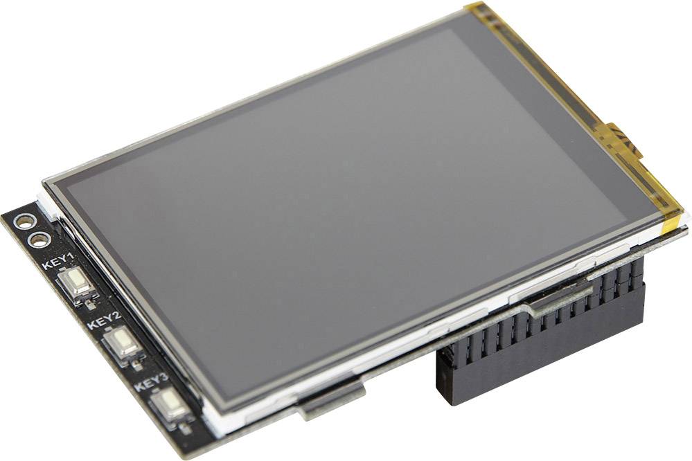 Small LCD touchscreen with side buttons labelled 'KEY1', 'KEY2', 'KEY3', on a black board, with a connector on the side.