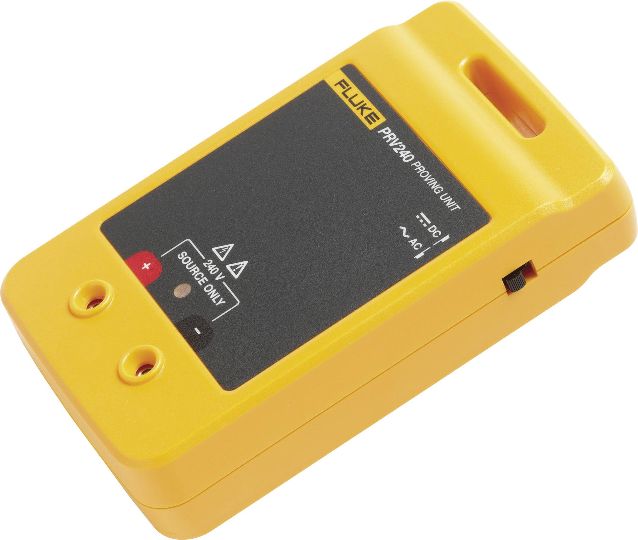 A yellow testing device with two connectors and a black control panel. It is suitable for voltage testing of AC power sources.