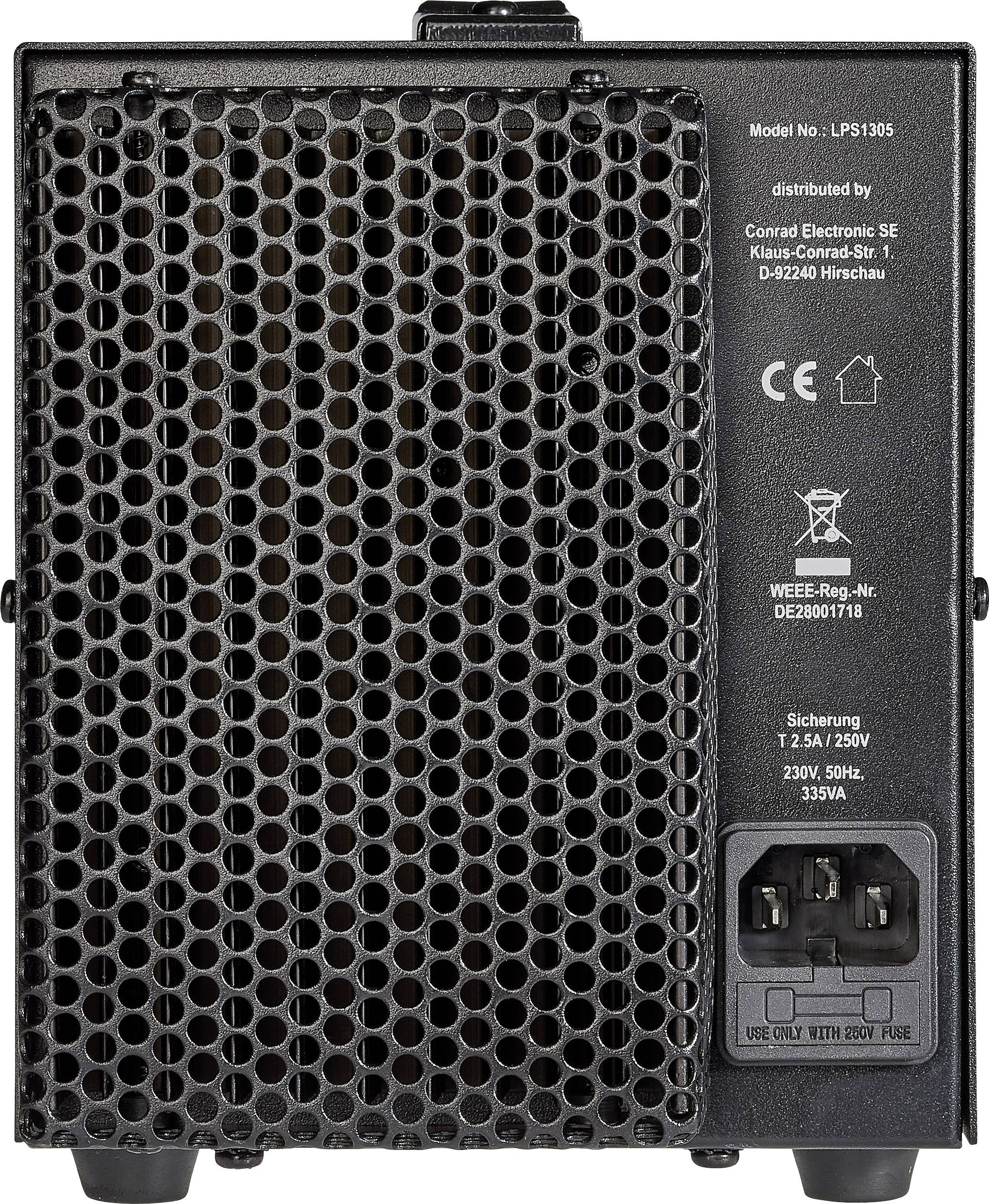 Back of an electronic device with ventilation grille, model and safety information; power switch and cable connection at the bottom.
