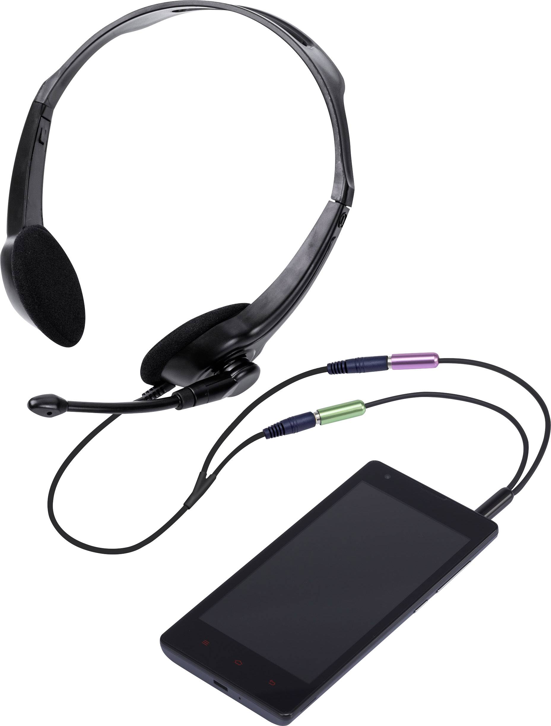 Smartphone connected to a headset via cable. The headset has a microphone arm and ear cushions.