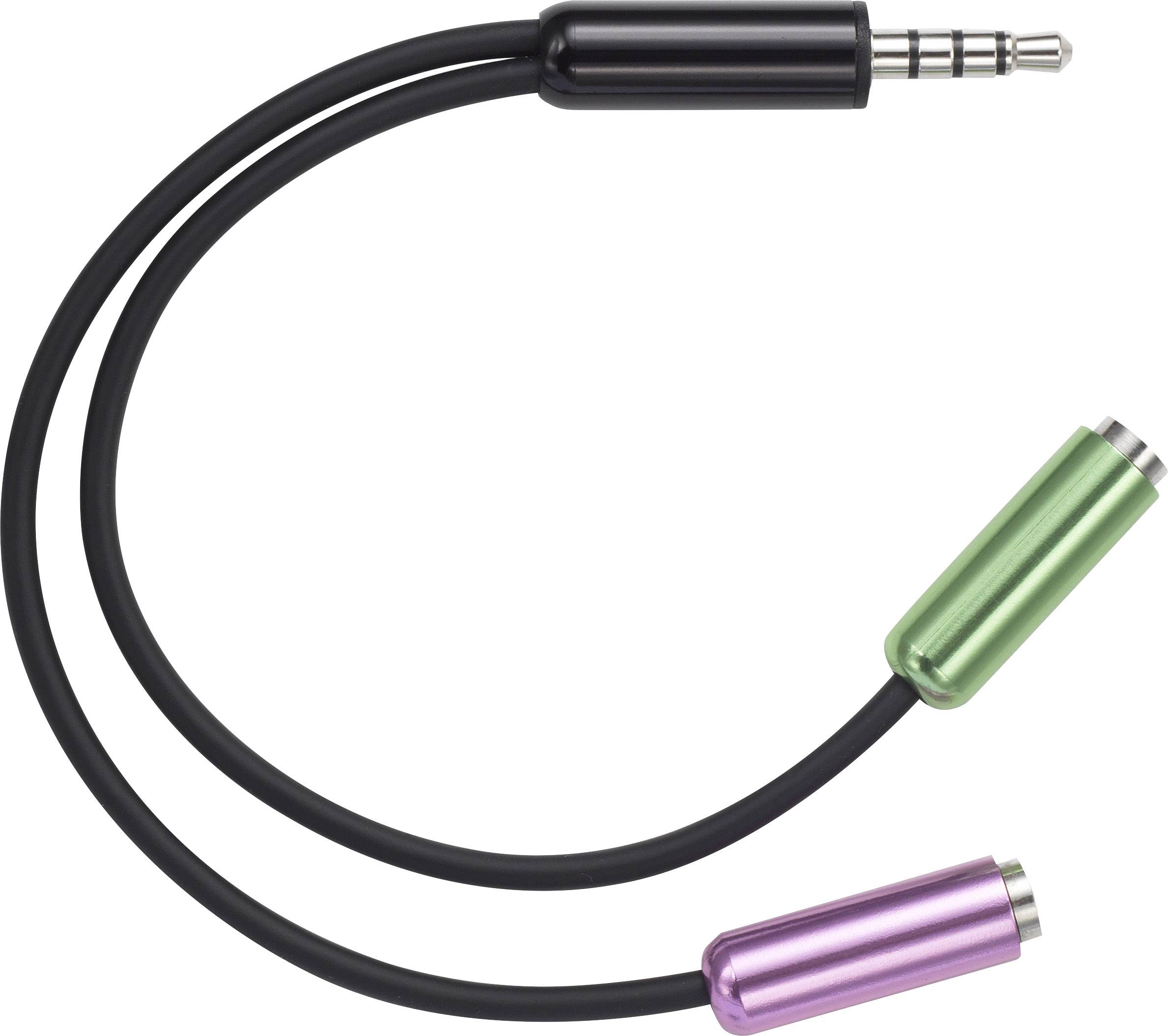 Audio adapter cable with a 3.5mm jack plug and two coloured jack sockets, green and pink, for audio connections.