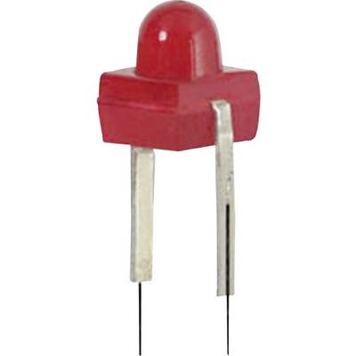 Red LED with two metal legs for electrical circuits. It is used to indicate operating states or voltages in devices.