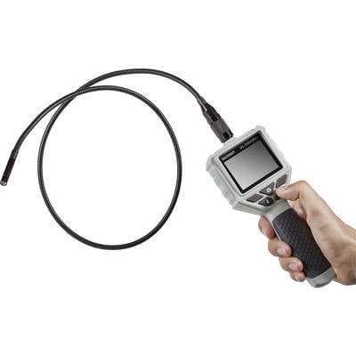A hand holds an endoscope with a flexible cable and screen. The device is suitable for inspecting hard-to-reach locations.