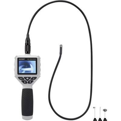Industrial camera with flexible cable and monitor, showing an internal image. Next to it are three small, interchangeable probe heads.