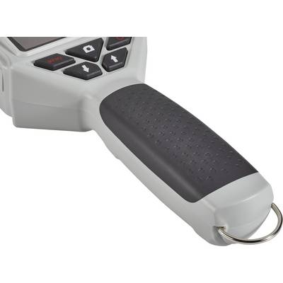 Handle of a device with textured, black rubber and buttons on the top surface.