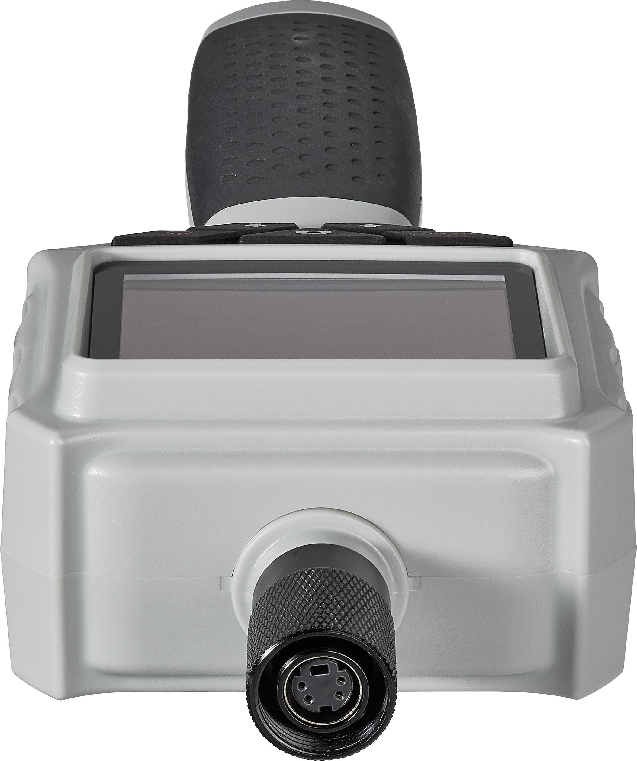 Handheld device with display and connection plug, black surface, used for measuring or controlling devices.