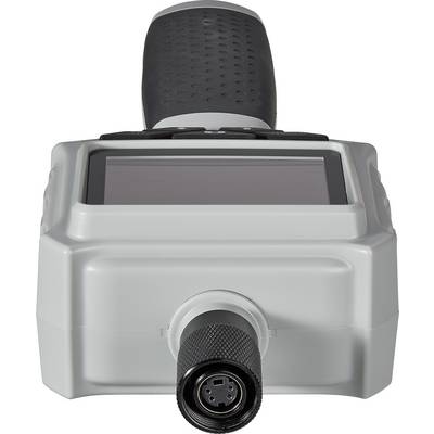 Handheld device with display and connection plug, black surface, used for measuring or controlling devices.