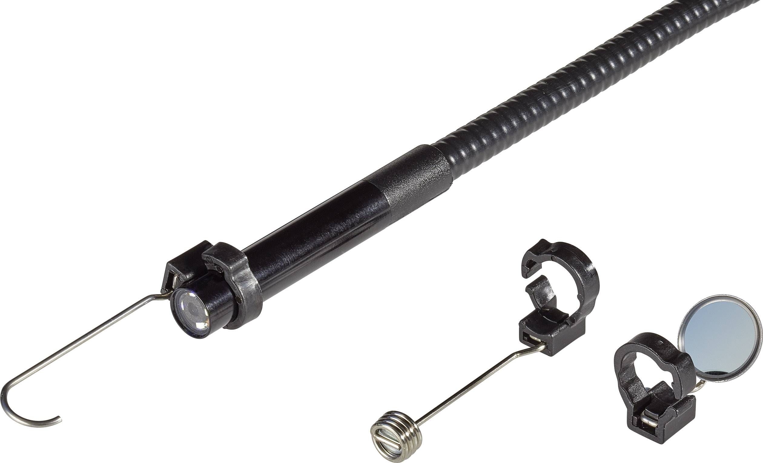 Endoscope with a flexible tube, featuring a hook and various attachments. Used for inspections in hard-to-reach locations.