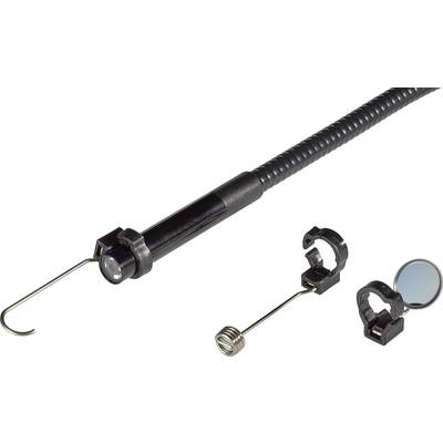 Endoscope with a flexible tube, featuring a hook and various attachments. Used for inspections in hard-to-reach locations.