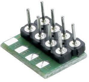 Six-pole, right-angled board connector mounted on a small green printed circuit board.