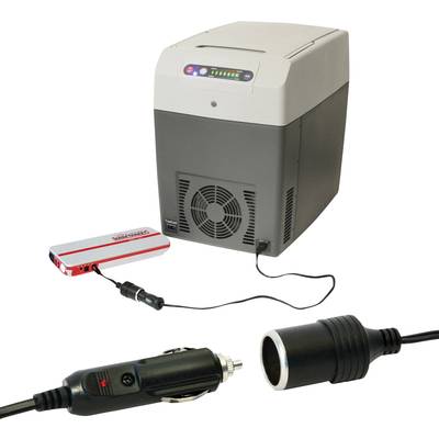 'Thermoelectric cool box with fan, connected via cable to a cigarette lighter adapter, on white background.'