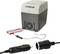 'Thermoelectric cool box with fan, connected via cable to a cigarette lighter adapter, on white background.'