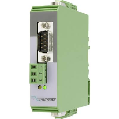 A green electronic device with multiple socket connections. A green LED illuminates on the front panel. Brand name 'moTrona'.