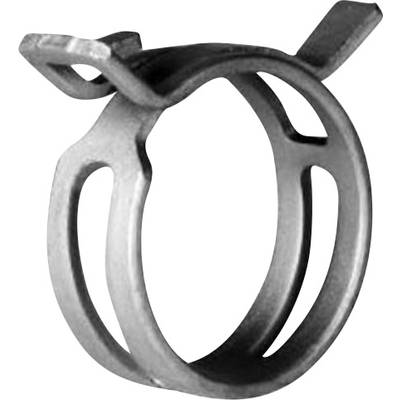Metal hose clamp with two tabs; used for securing hoses to connections.