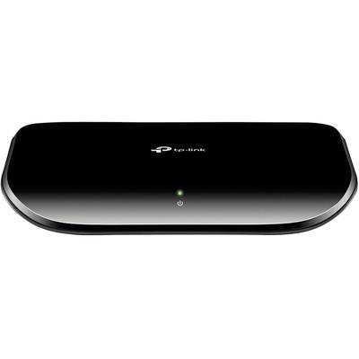 A black network switch from TP-Link with an illuminated LED status light on the front.
