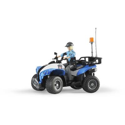 Toy quad bike with a figure wearing a police uniform and helmet. Vehicle in blue and white with a flashing orange light at the rear.