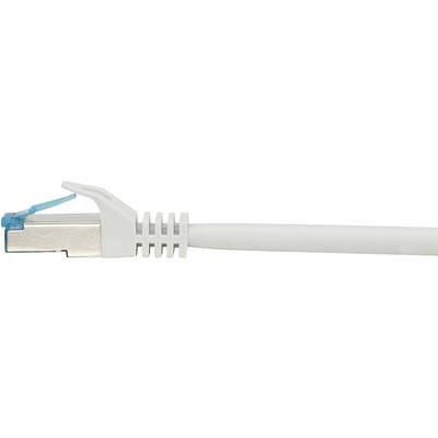 A white Ethernet cable with an RJ45 plug, photographed from the side.