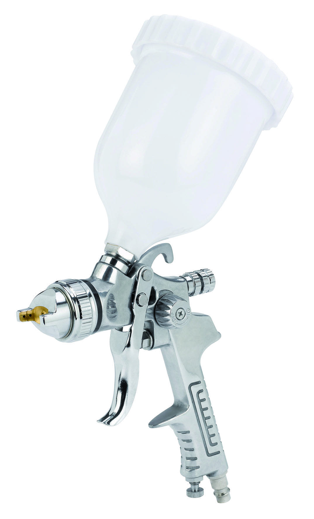A silver spray gun with a white paint container on top, suitable for applying liquids or paints to surfaces.