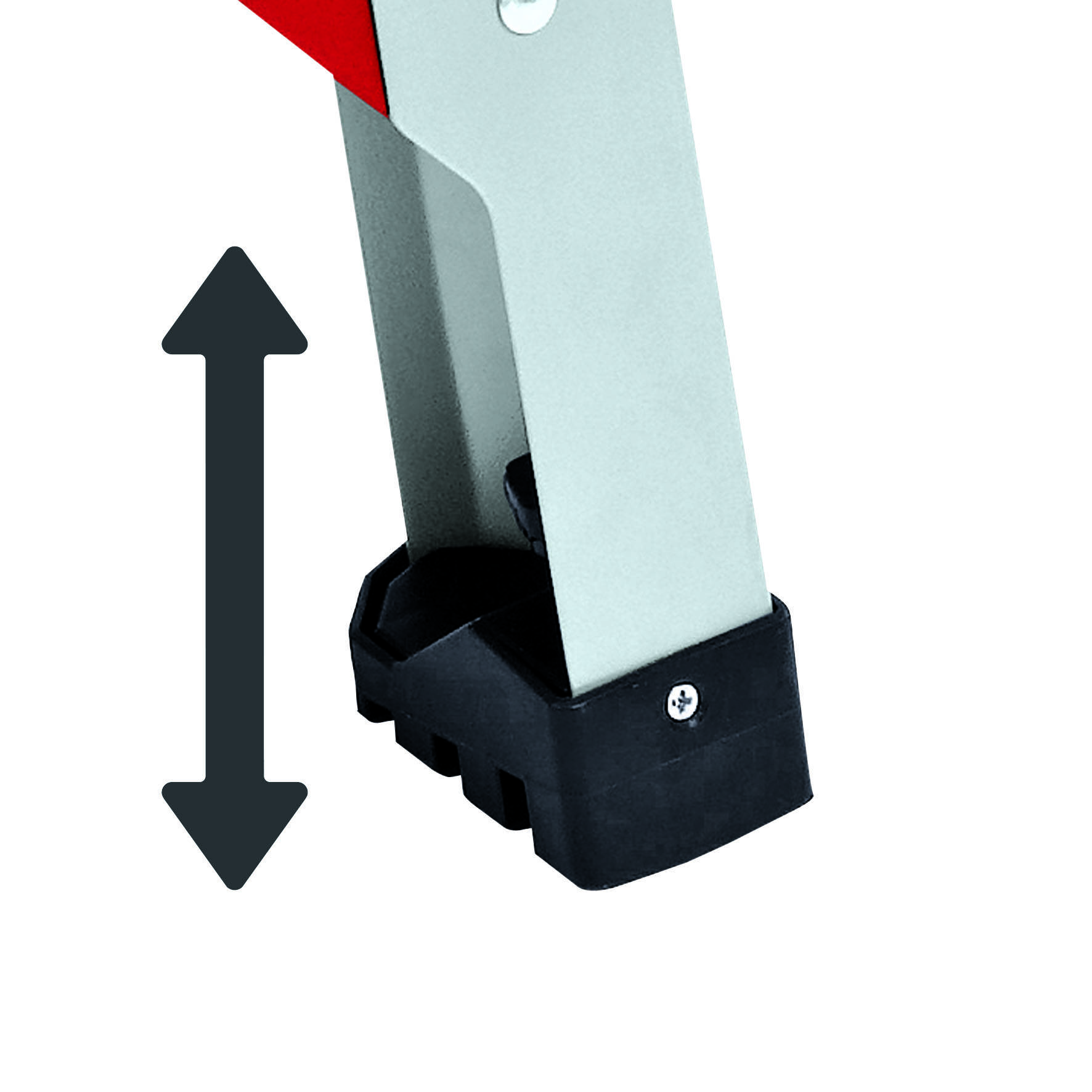 An extendable support foot with an arrow indicates the vertical adjustability.
