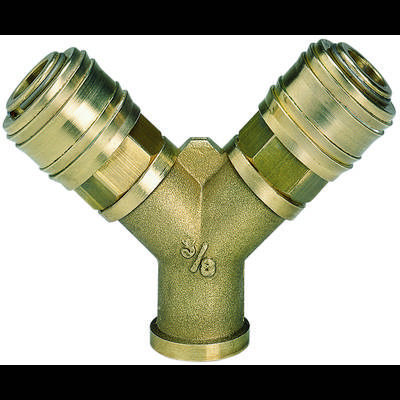 A brass Y-piece connector with two ports for pipes. Suitable for branching in a piping system.