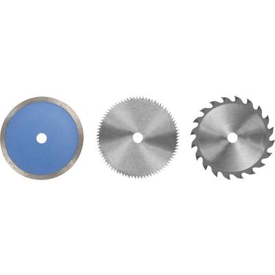 Three saw blades side by side: a sanding blade, a metal circular saw blade, and a wood saw blade with teeth, each made of metal.