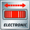 'Shield with a red symbolised barcode, double arrow above pointing left and right. Below it reads "ELECTRONIC".'