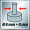 Diagram with two red arrows shows a cylindrical object with dimensions 'Ø 6 mm + 8 mm'.