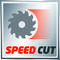 Gear symbol with red lines indicating speed. Below it 'SPEED CUT' in red and grey text on a metallic background.