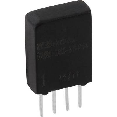 Electronic component, black casing with four pins at the bottom. Possibly a semiconductor or similar component.