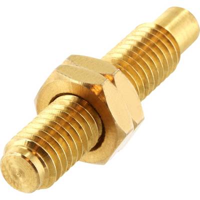 Brass connecting element with thread on both ends and hexagonal centre, used for secure connection in mechanical applications.