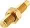 Brass connecting element with thread on both ends and hexagonal centre, used for secure connection in mechanical applications.