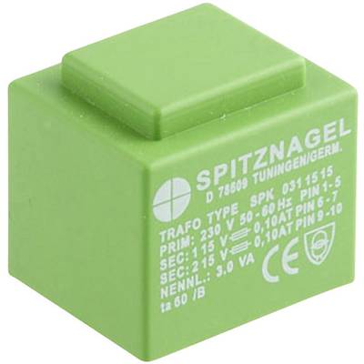 Green transformer by Spitznagel, Model D 78609, with technical specifications including primary voltage of 230 V and secondary voltage of 115 V.