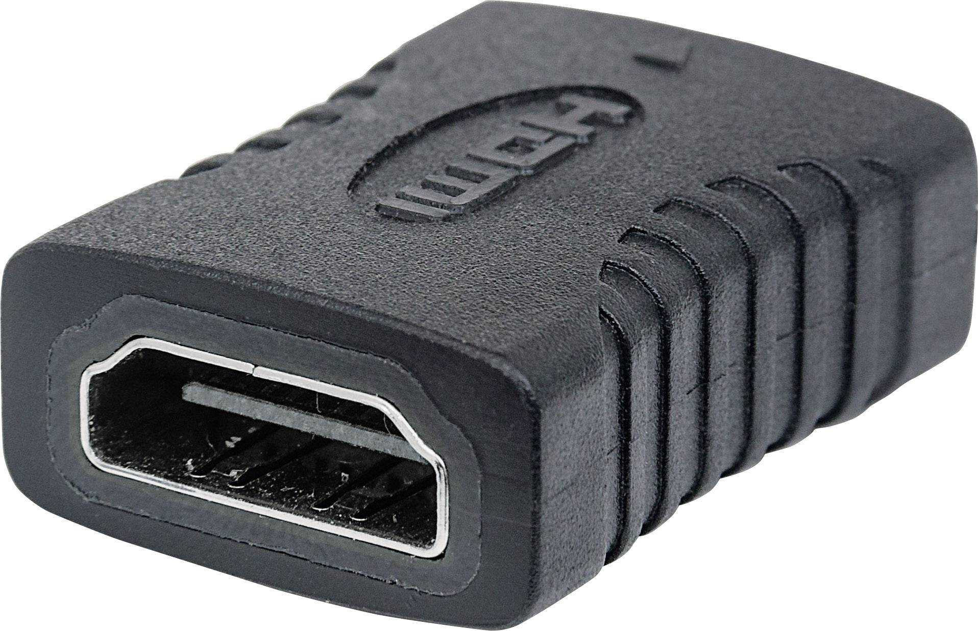 A black HDMI coupling adapter with a ridged grip, used for extending HDMI cables.