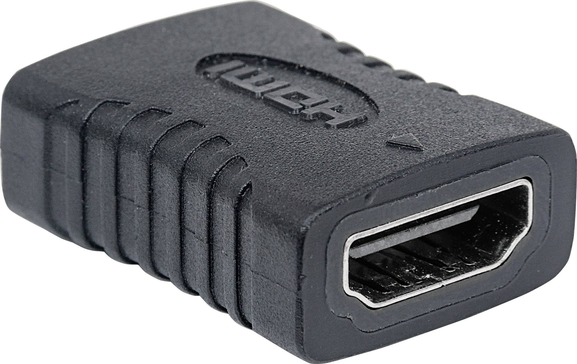 Black HDMI adapter with HDMI socket at both ends, used to connect two HDMI cables for video and audio signals.