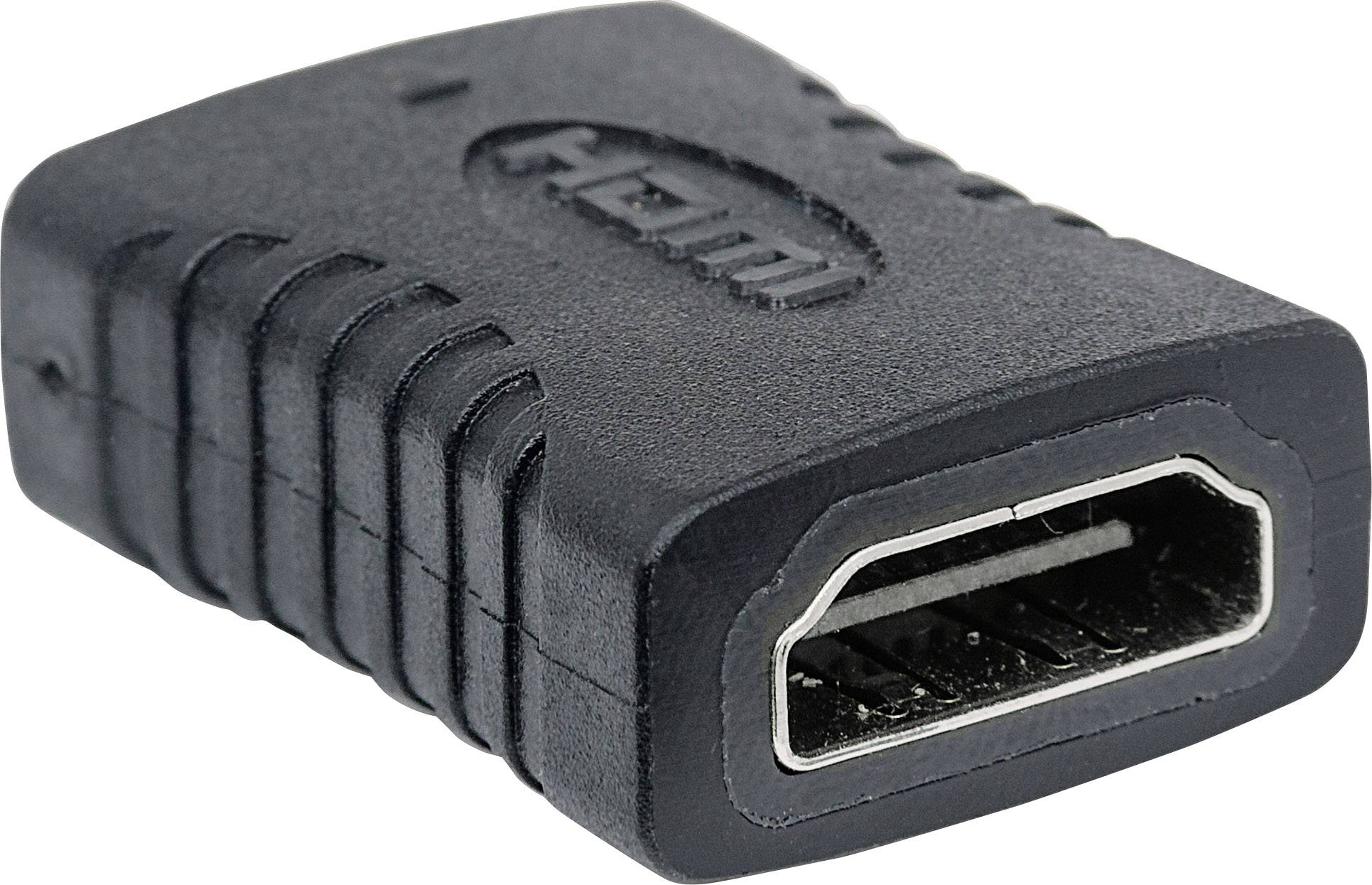 A black HDMI adapter with a connector that serves to connect two HDMI cables lies on a white background.