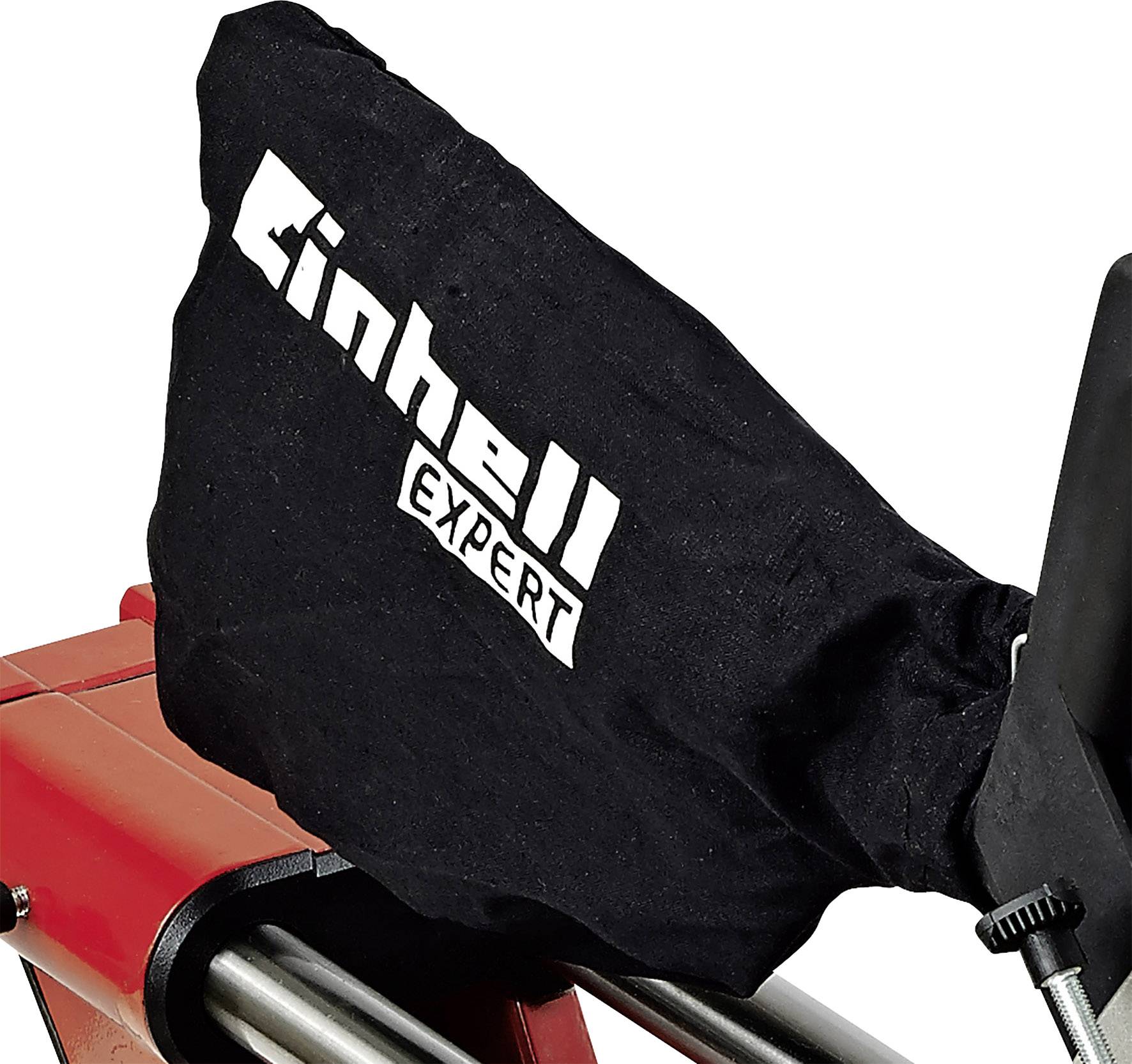 A red device with a black dust bag marked 'Einhell Expert', part of a woodworking machine.
