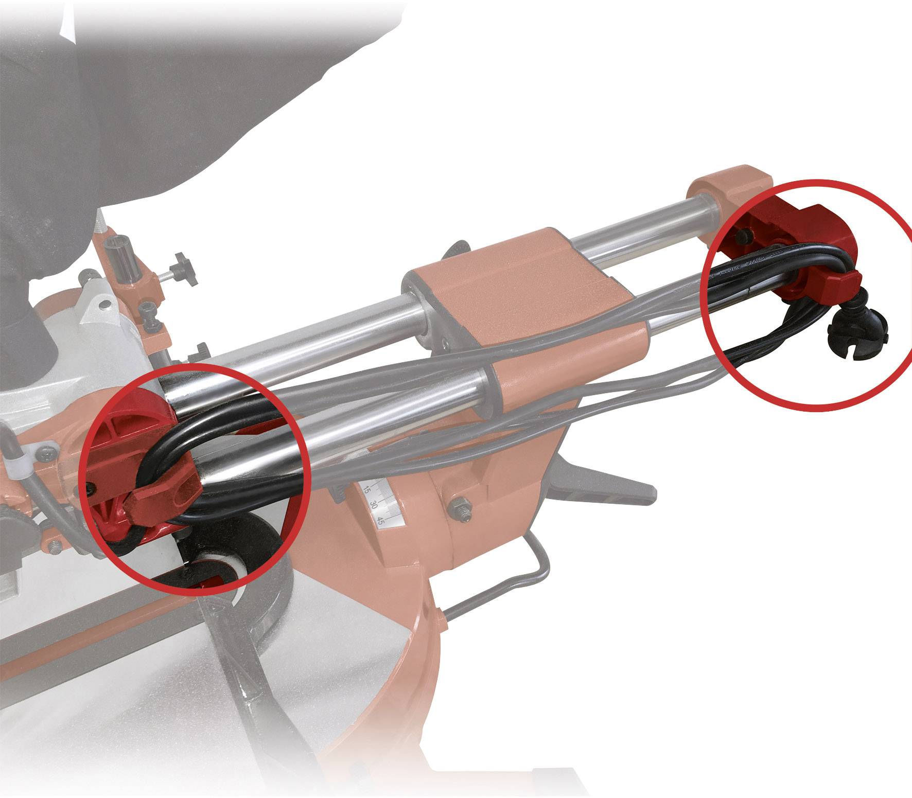 Figure of a metal pipe cutting machine. Two red circles highlight critical points in the cutting area.