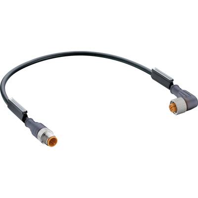 A black connection cable with a straight and an angled connector at the ends; both have orange contacts.