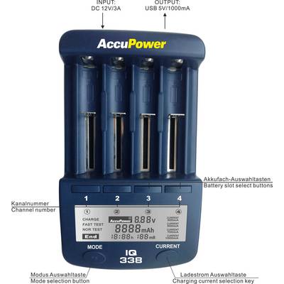 AccuPower IQ338 Charger for cylindrical cells NiCd, NiMH, Li-ion 10340, 10350, 10440, 10500, 12500, 12650, 13500, 13650,-1