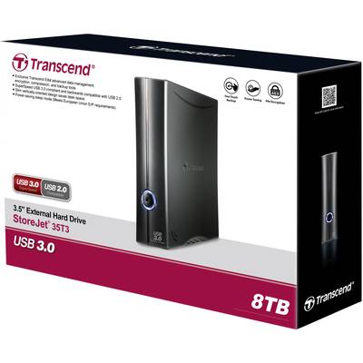 External Hard Drive 'Transcend StoreJet 35T3', 8 TB storage capacity, USB 3.0, image of packaging with product photo and specifications.