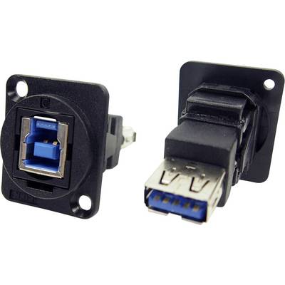 Two USB 3.0 ports: on the left a USB-B socket; on the right a USB-A plug. Both have blue markings for USB 3.0.