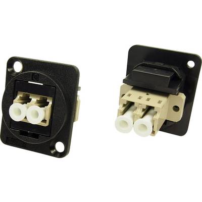 Two optical connectors in a black housing, suitable for connecting fibre optic cables in network applications.