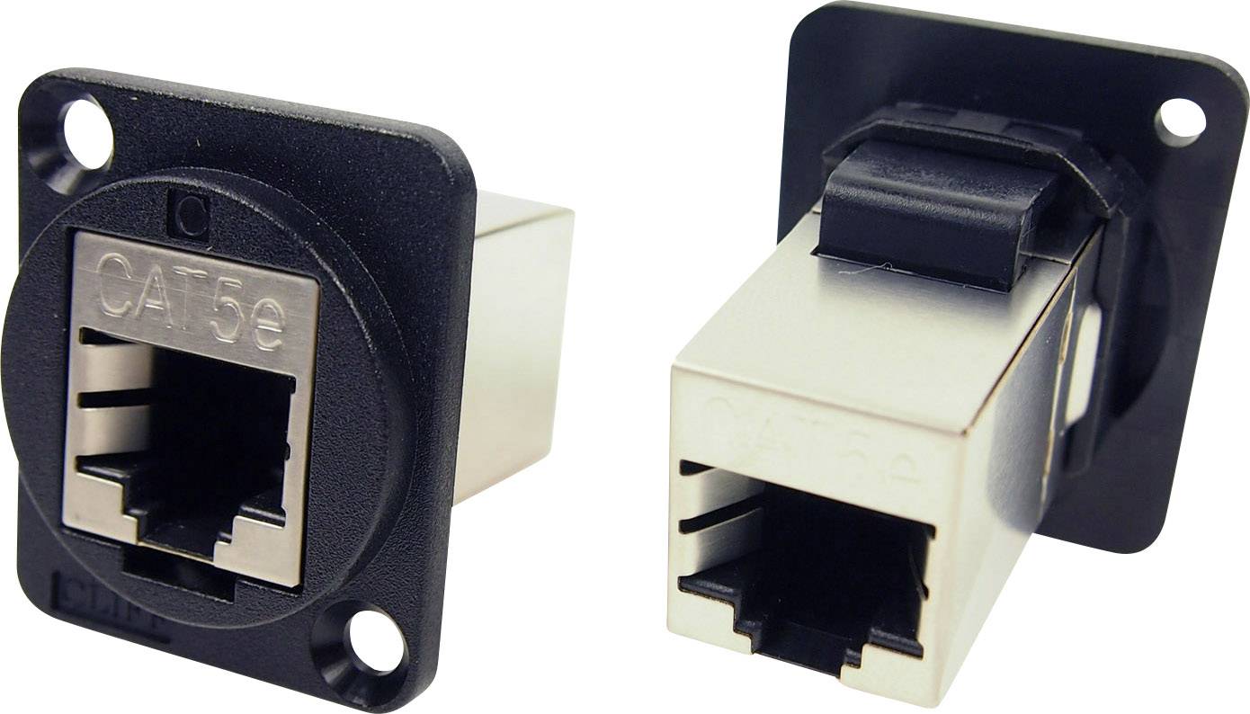 Two CAT5e network sockets; one showing the front side, the other the back side. They are used for connecting network cables.