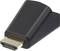 A black HDMI plug adapter viewed diagonally, with a gold-coloured connector at one end.