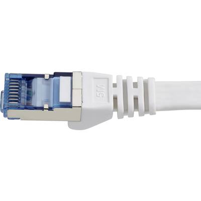 Close-up of a network cable with a blue RJ45 connector and white cable. The connector is marked with '5M'.