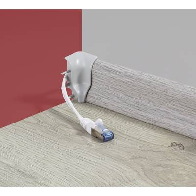 A network cable secured to a wooden rail using a clip system. The system keeps the cable organised and in place.
