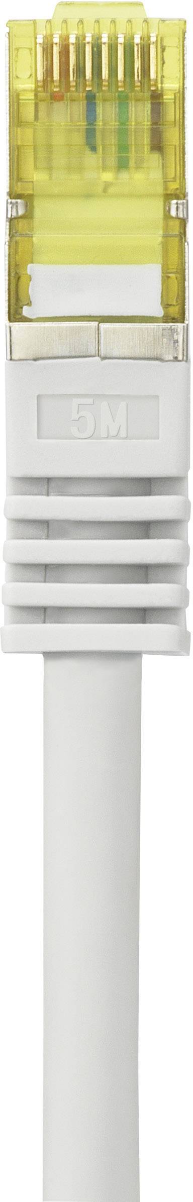 Close-up of a white Ethernet cable with a yellow connector.