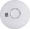 A white smoke detector with a round casing and three narrow ventilation slots on the left side.